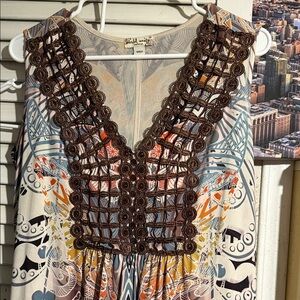 Bohemian Sleeveless Dress with Brown Crochet Detail